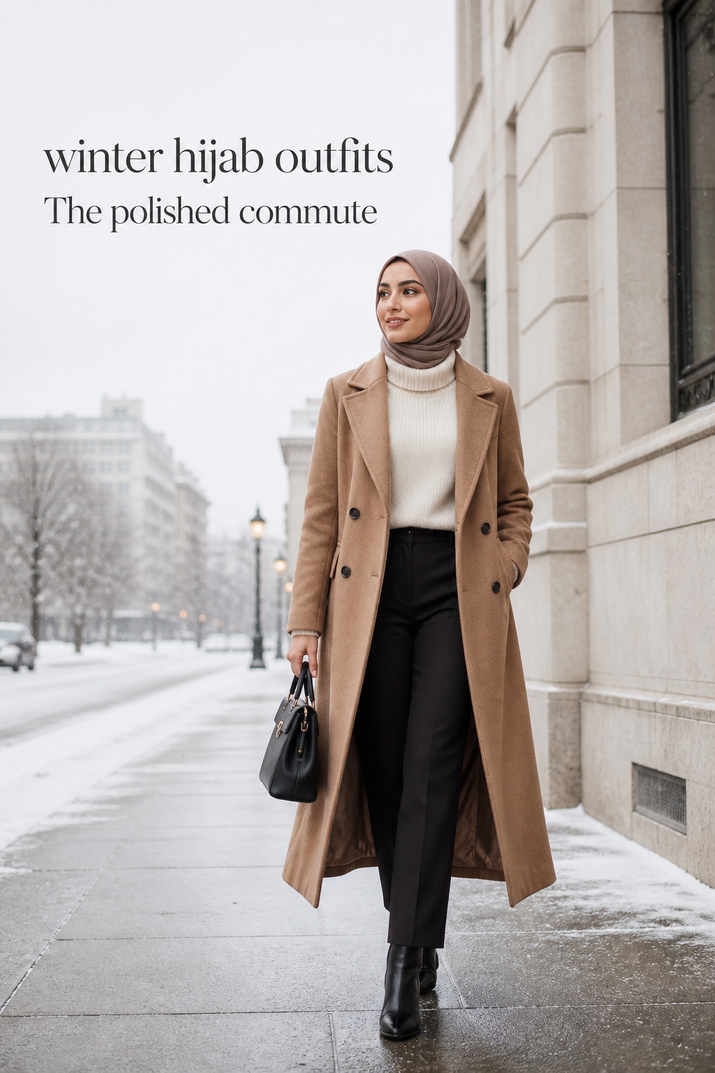 Winter hijab outfits with a camel coat for a polished cold-weather commute