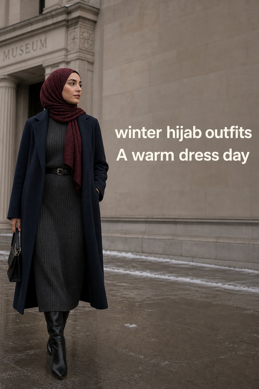 Winter hijab outfits with a knit dress and long navy coat