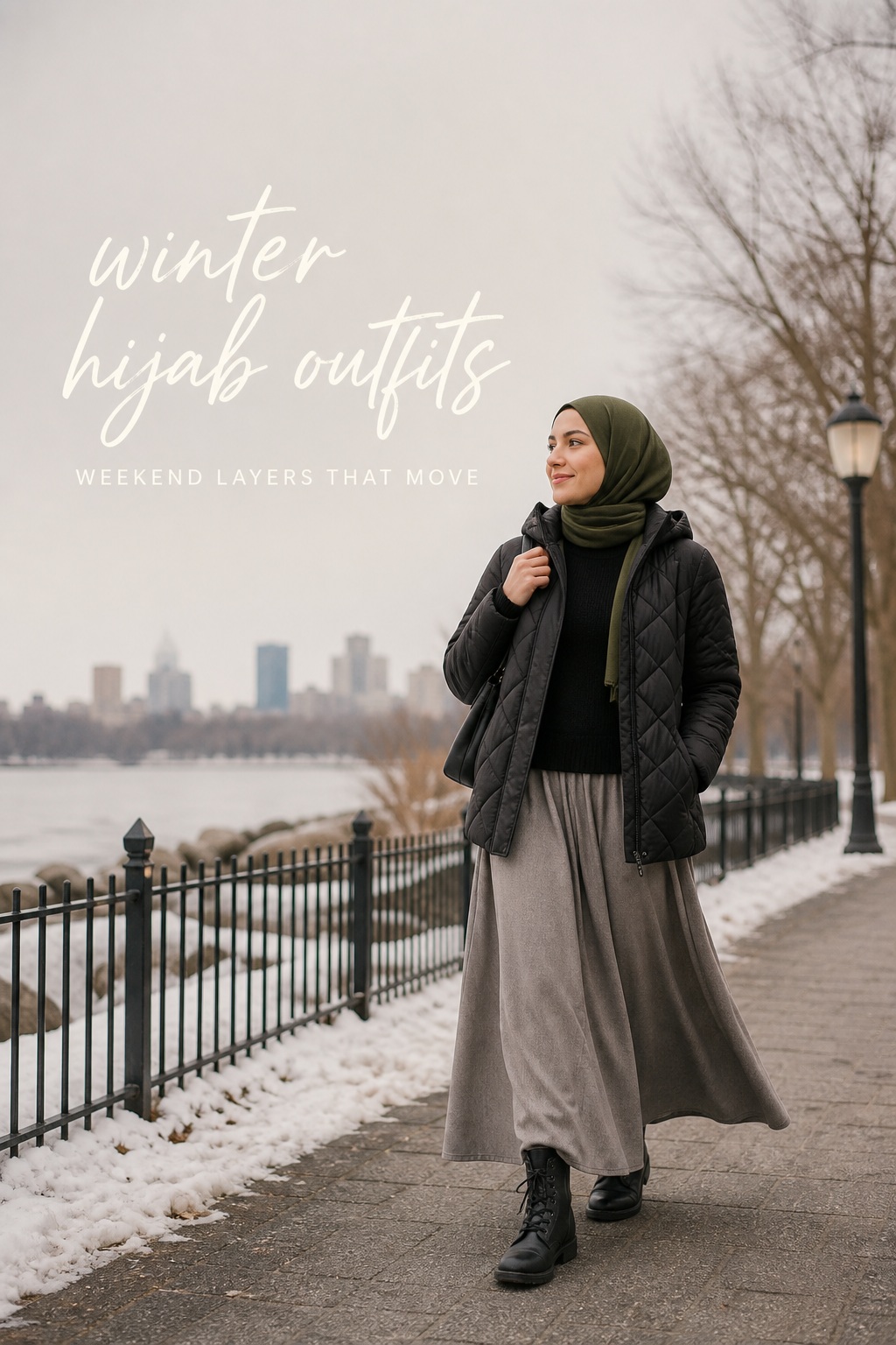 Winter hijab outfits with a puffer, maxi skirt and olive hijab