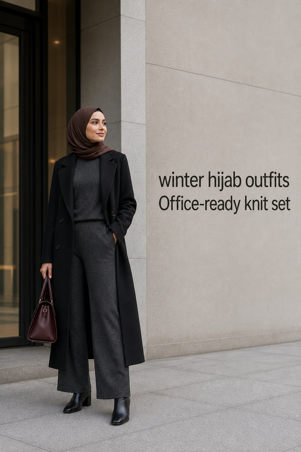Winter hijab outfits with a tailored coat and charcoal knit set