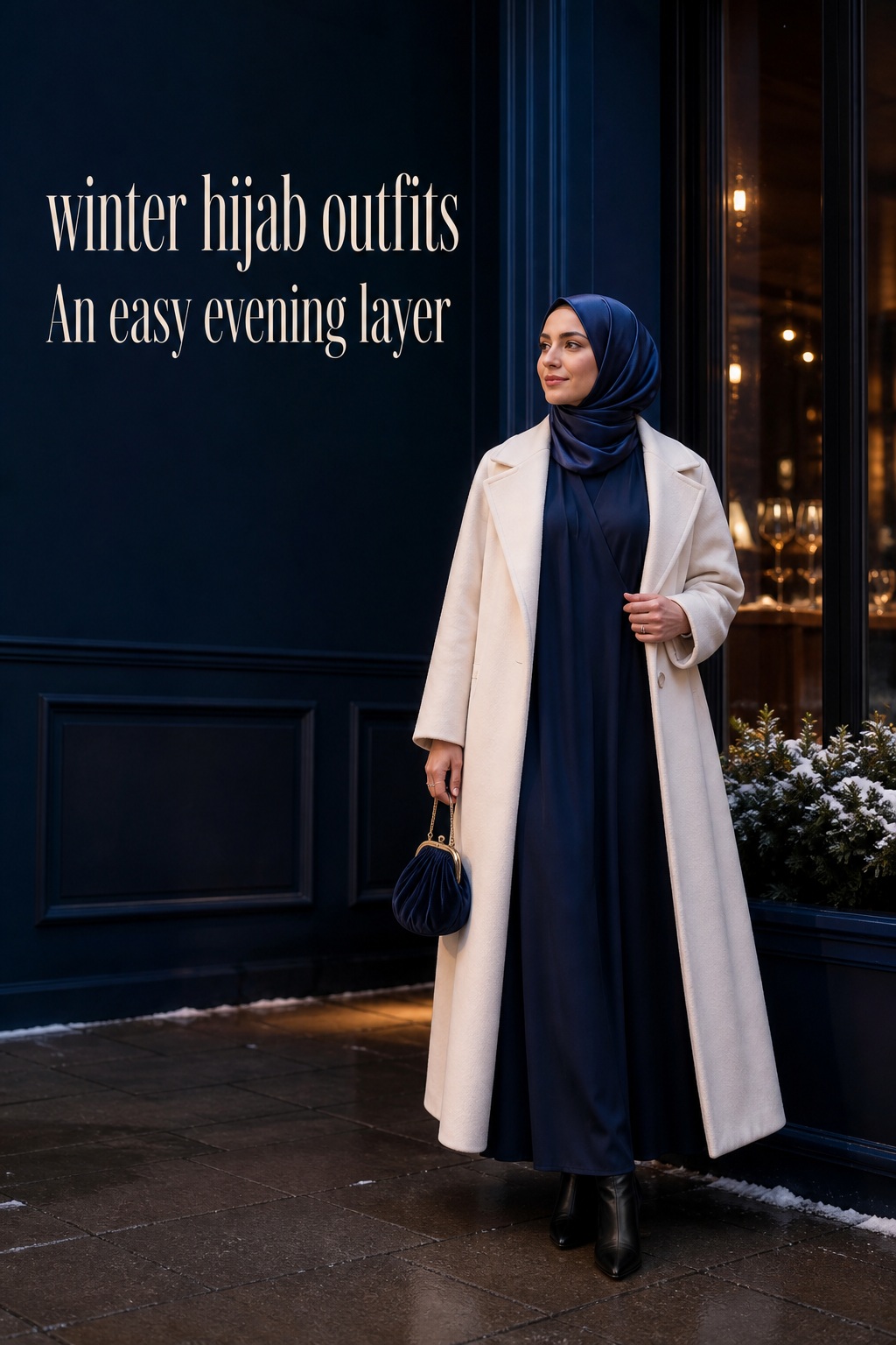 Winter hijab outfits with a midnight dress and cream evening coat