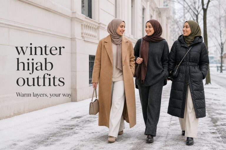 Three winter hijab outfits showing warm modest layers in a snowy city