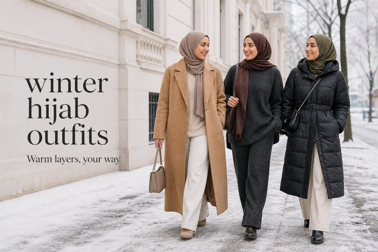 Three winter hijab outfits showing warm modest layers in a snowy city