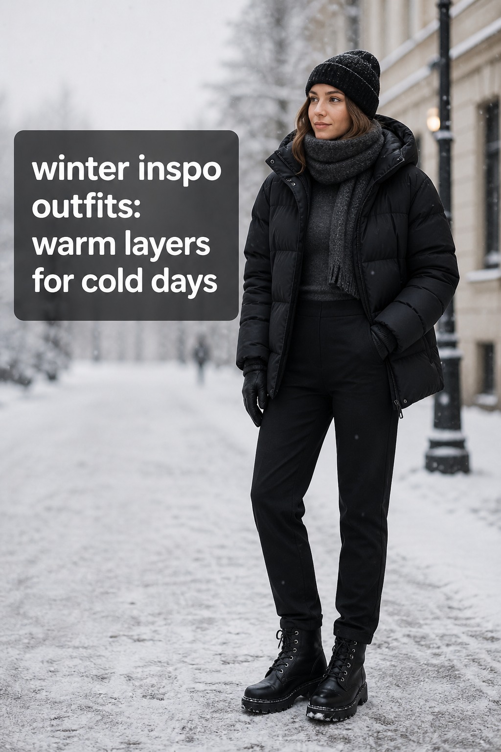 winter inspo outfits with a black puffer, scarf, beanie, gloves, and lug boots