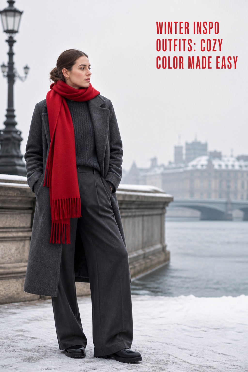 winter inspo outfits in charcoal and silver with a bright red scarf