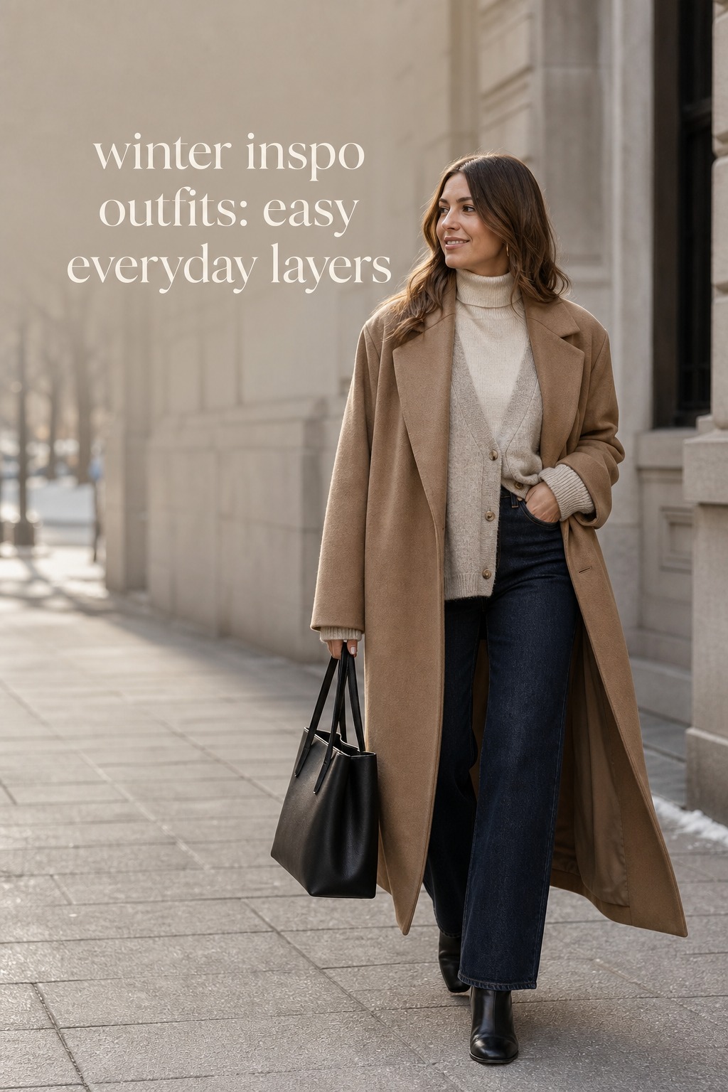 winter inspo outfits with a cream turtleneck, cardigan, denim, and camel coat