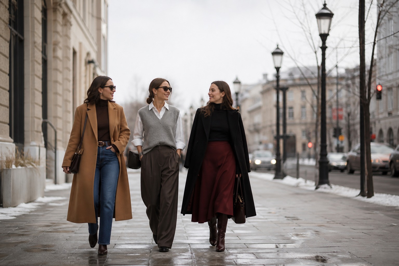 winter inspo outfits winter street style with camel, tailored, and burgundy layers