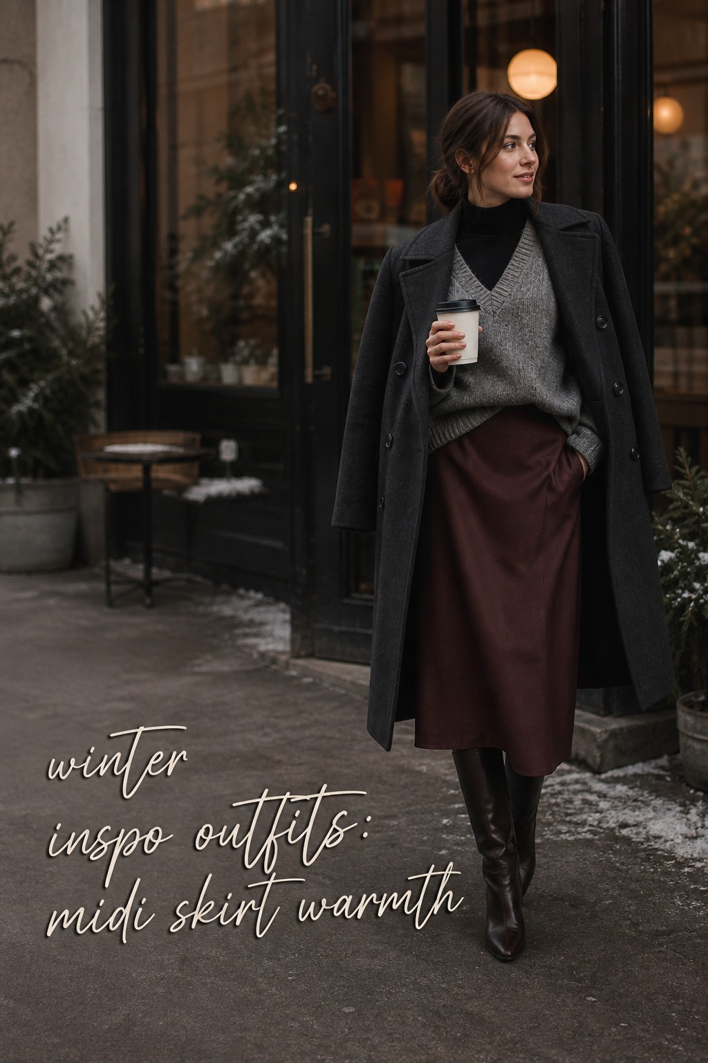 winter inspo outfits with a burgundy midi skirt, sweater, tights, and tall boots