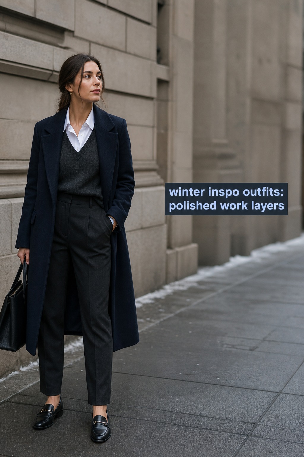 winter inspo outfits with a sweater vest, white shirt, trousers, and navy coat