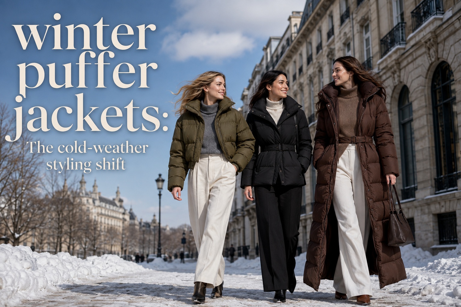 winter puffer jackets three women in olive black and chocolate silhouettes