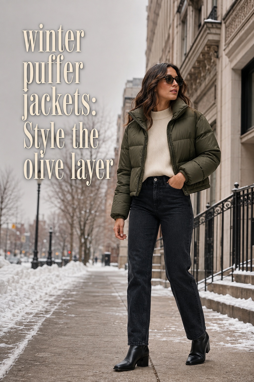 winter puffer jackets olive cropped jacket with cream sweater and dark jeans