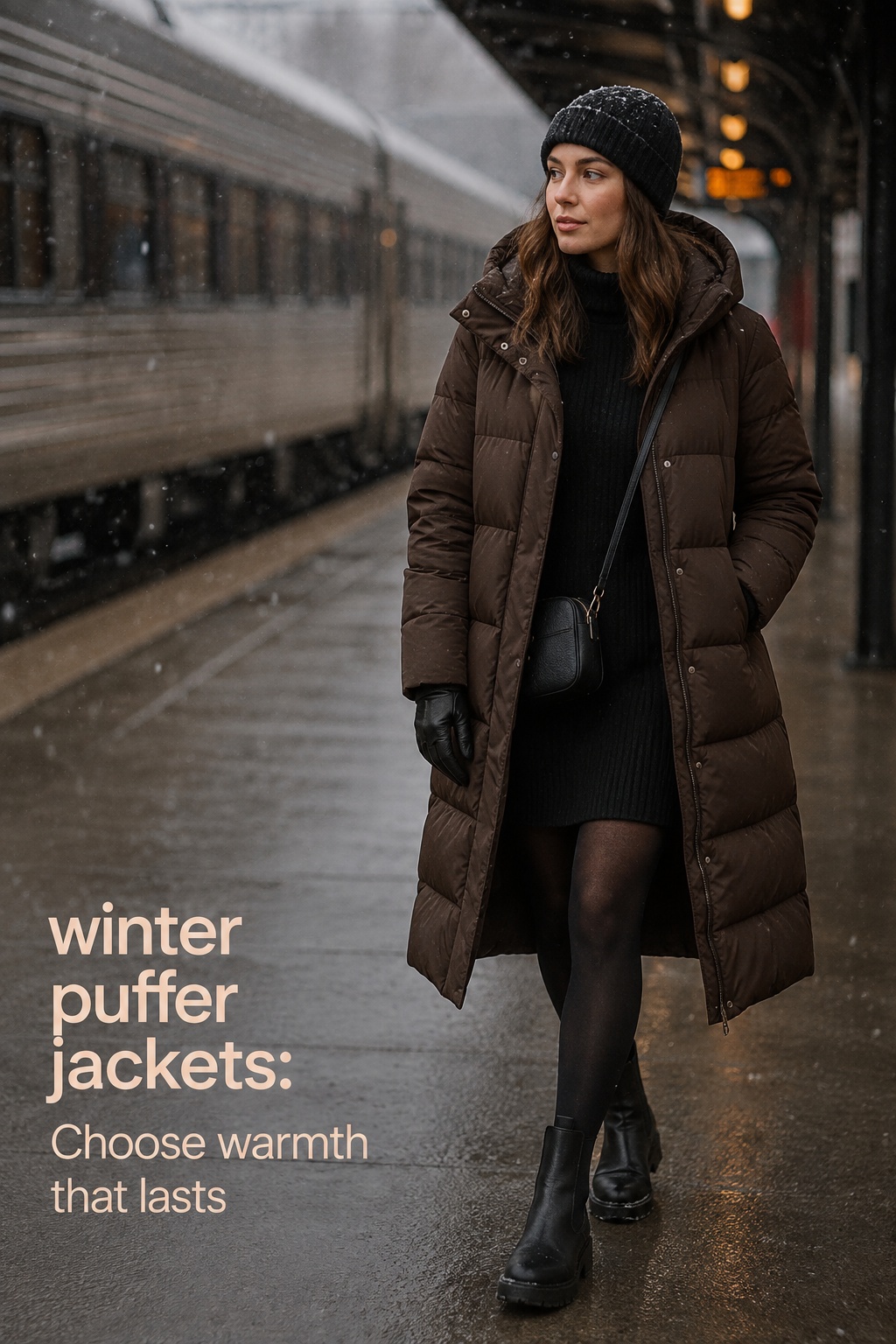 winter puffer jackets long chocolate coat with black knit dress