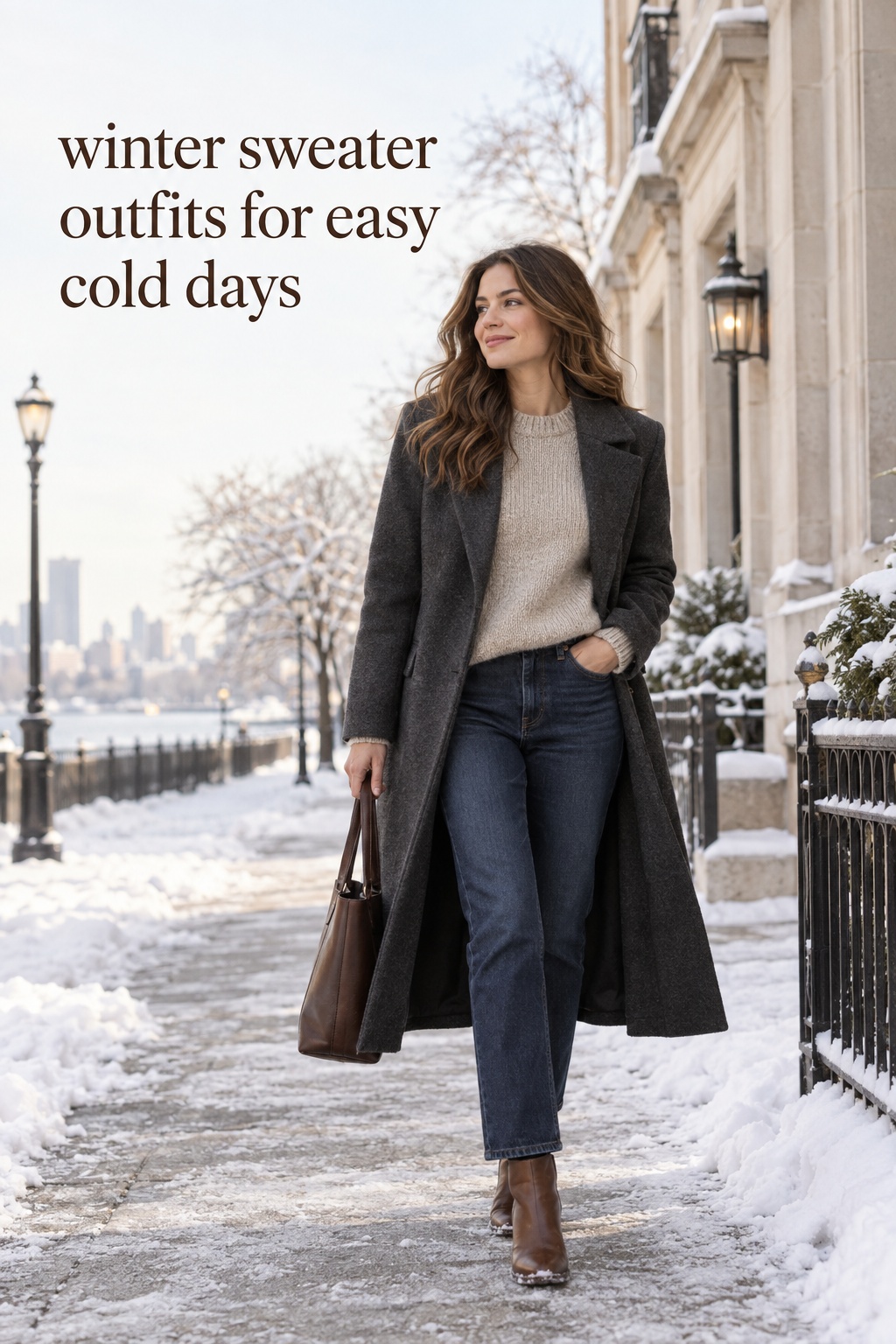 winter sweater outfits with an oatmeal knit, straight denim, boots, and a charcoal coat