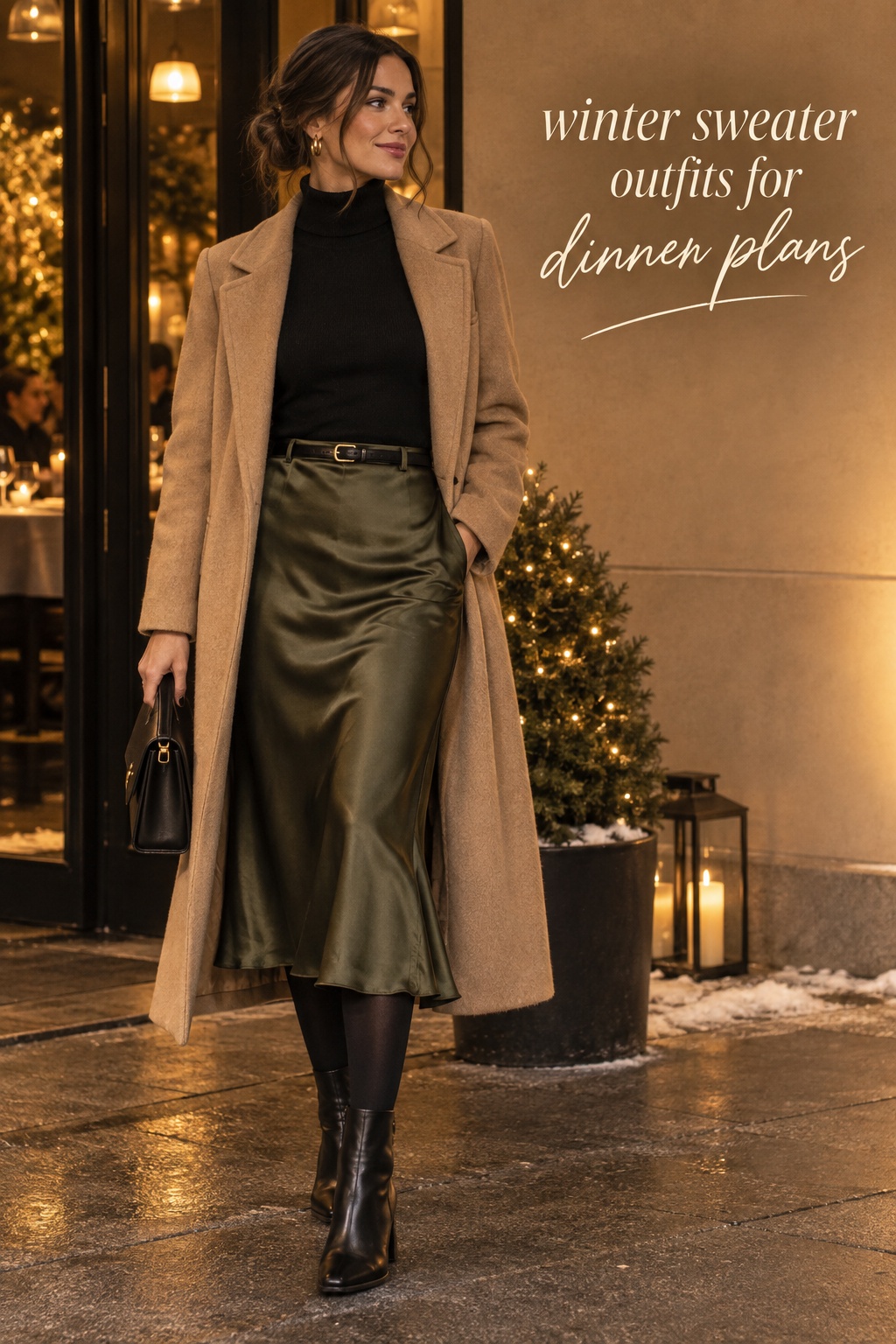 winter sweater outfits with a black turtleneck, olive midi skirt, tights, and boots
