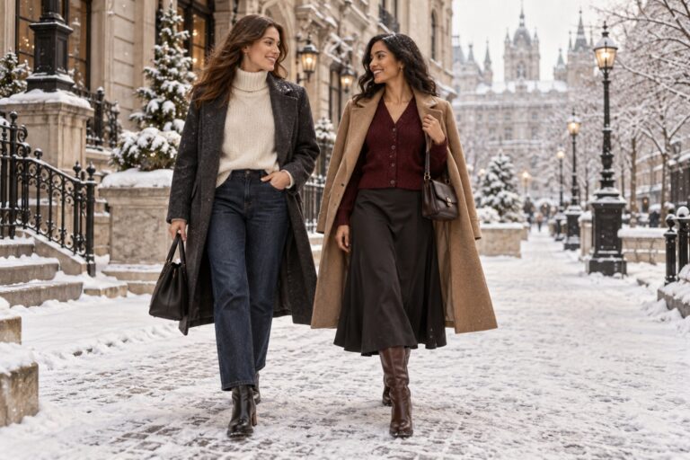 winter sweater outfits with cream and burgundy knitwear, dark denim, skirts, coats, and boots
