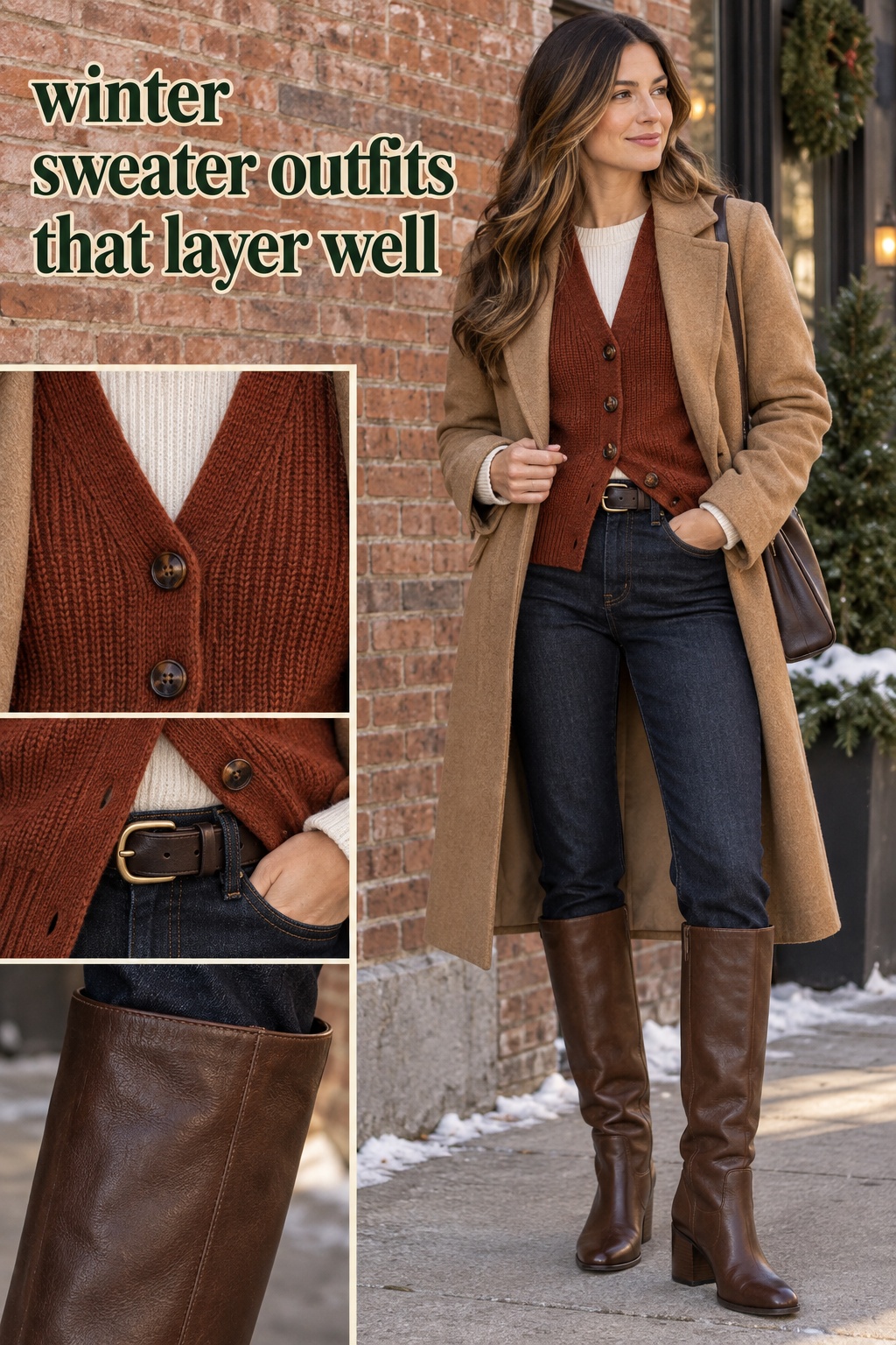 winter sweater outfits with a rust cardigan, cream base, dark denim, and tall boots