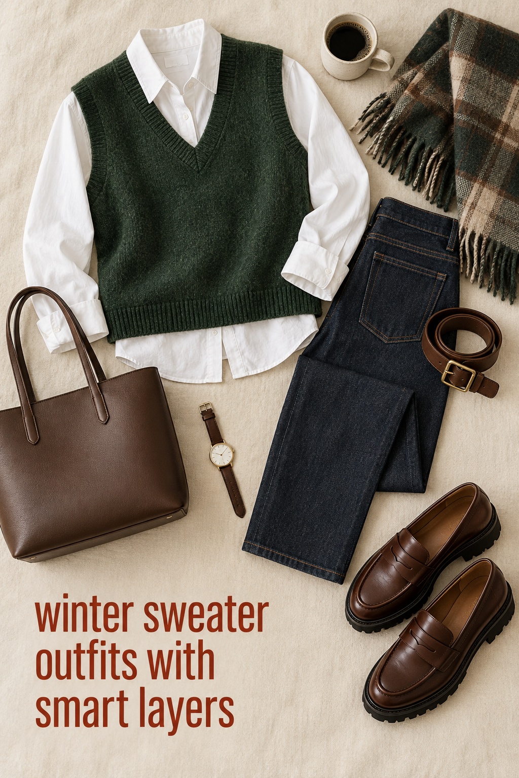 winter sweater outfits with a forest green vest, white shirt, denim, and lug loafers