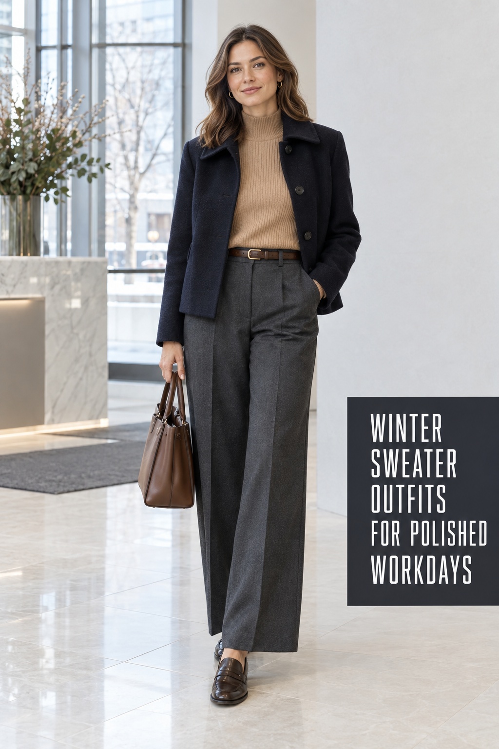 winter sweater outfits with a camel mock neck, tailored trousers, and polished loafers