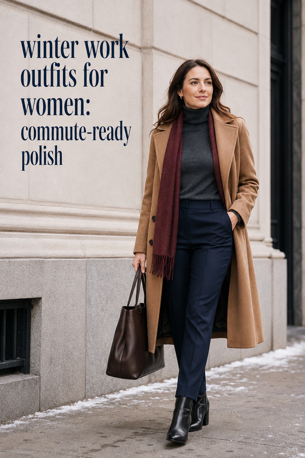 winter work outfits for women with camel coat, turtleneck, trousers, boots, and tote