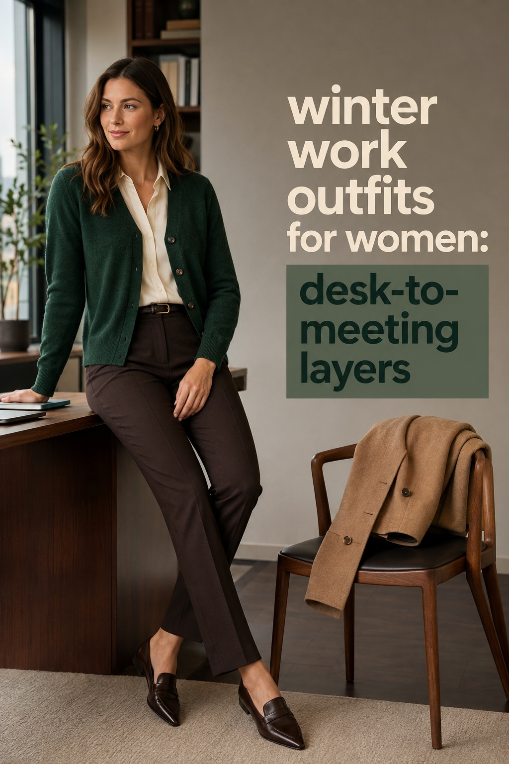 winter work outfits for women with green cardigan, blouse, trousers, and loafers