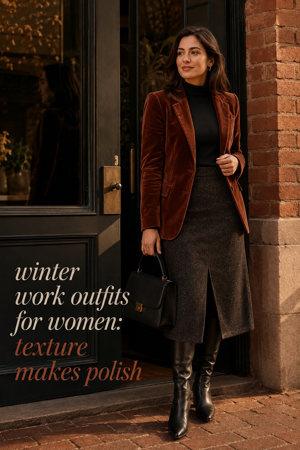 winter work outfits for women with velvet blazer, knit top, midi skirt, and boots