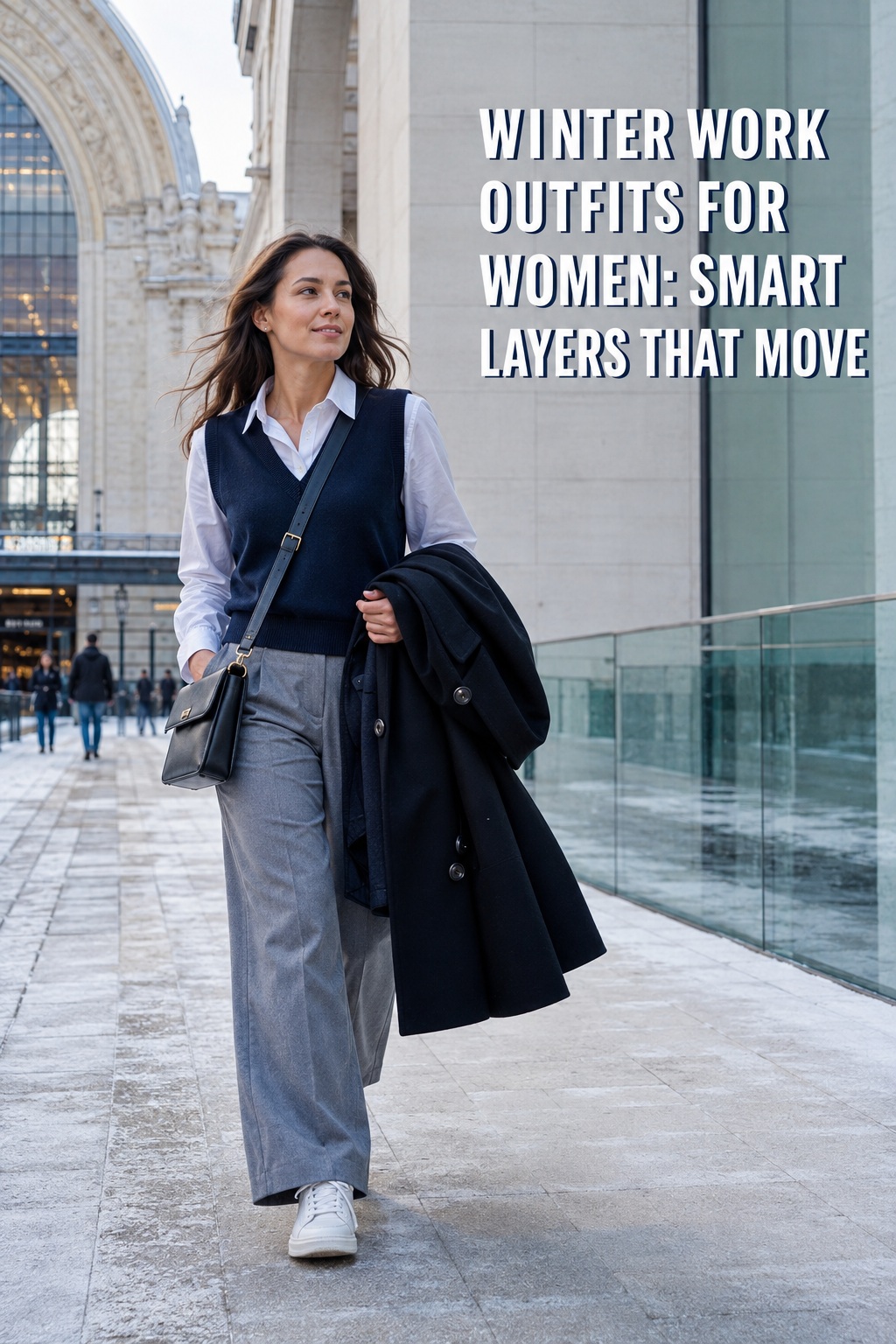 winter work outfits for women with sweater vest, white shirt, trousers, sneakers, and coat