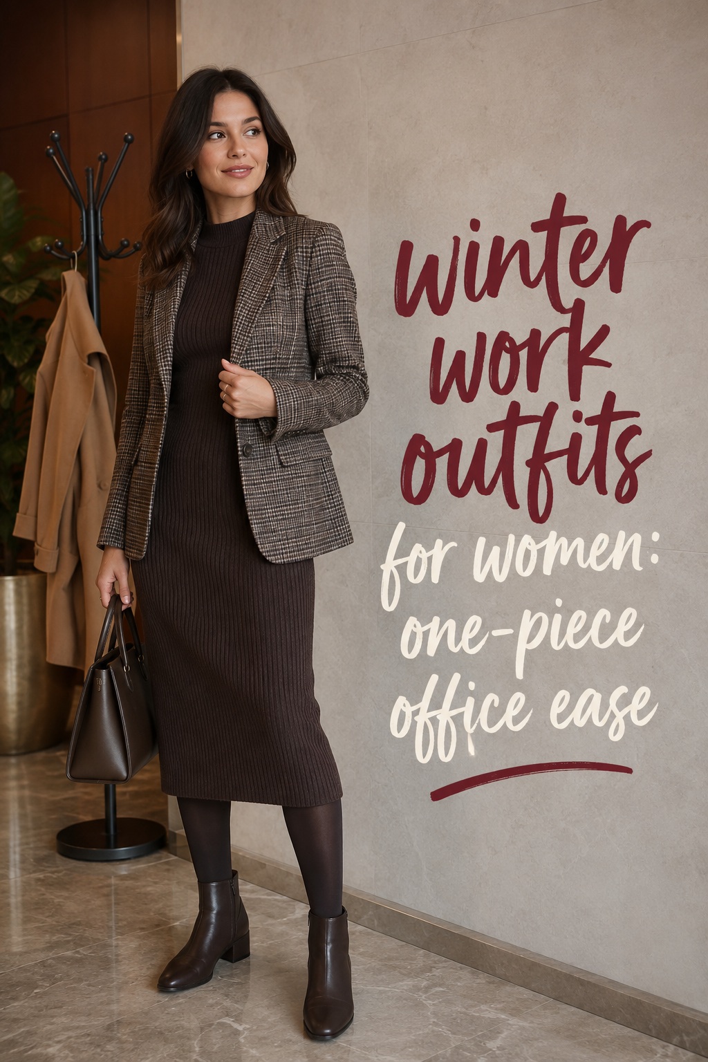 winter work outfits for women with knit midi dress, plaid blazer, tights, and boots