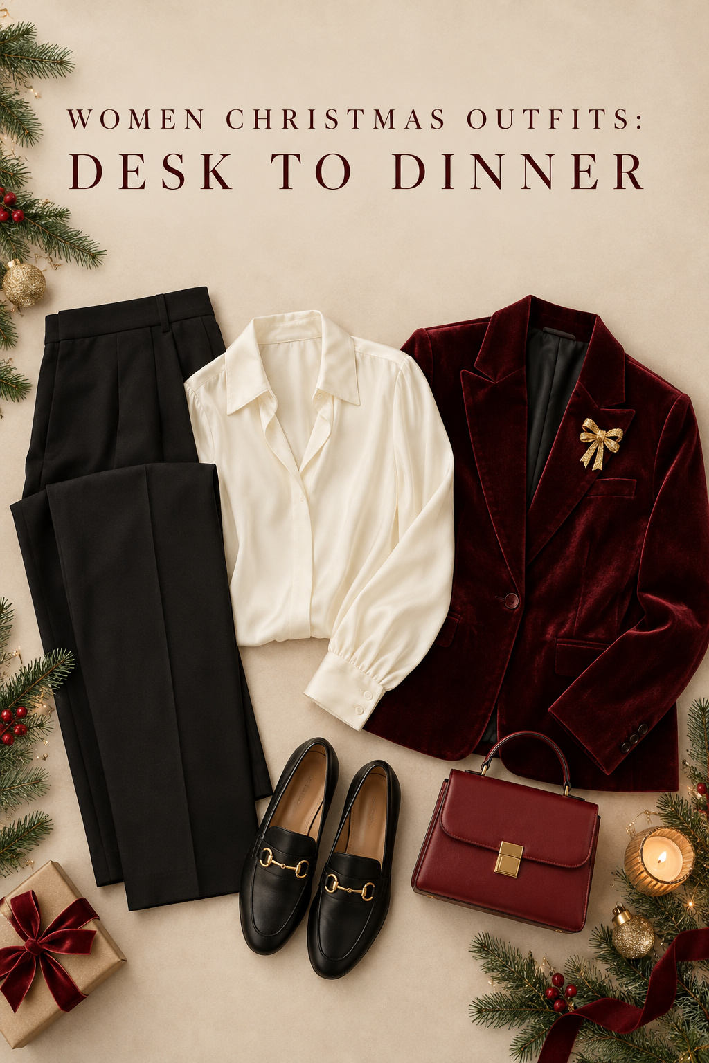 women christmas outfits flat lay with burgundy blazer and tailored trousers for desk to dinner