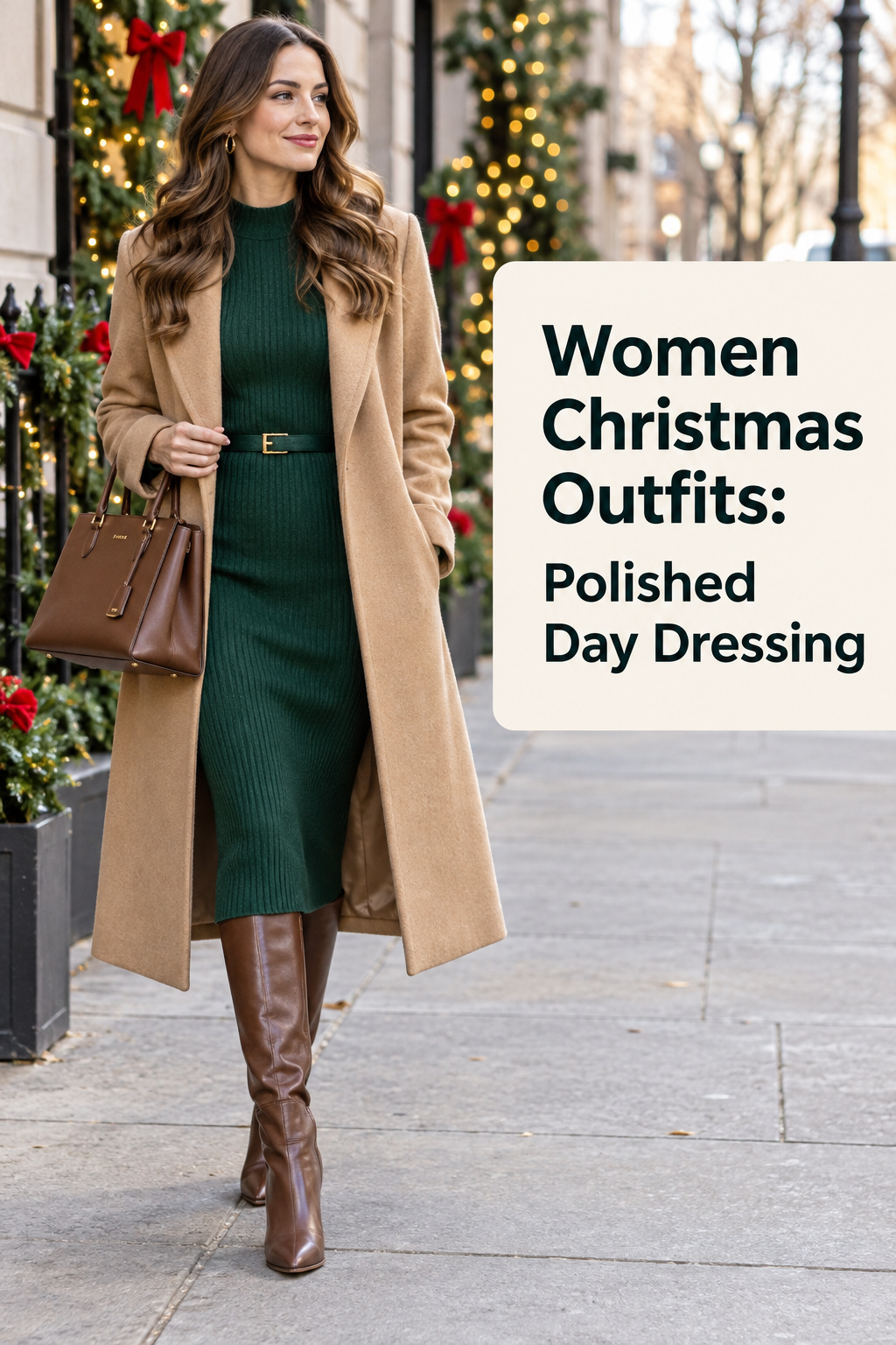 women christmas outfits with emerald knit dress and camel coat for polished day dressing