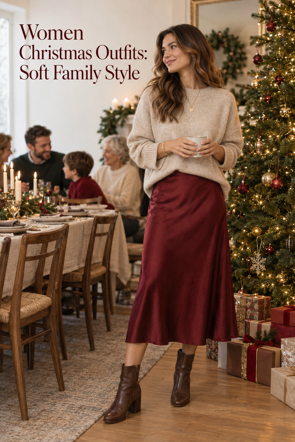 women christmas outfits with oatmeal sweater and cranberry skirt for a family gathering