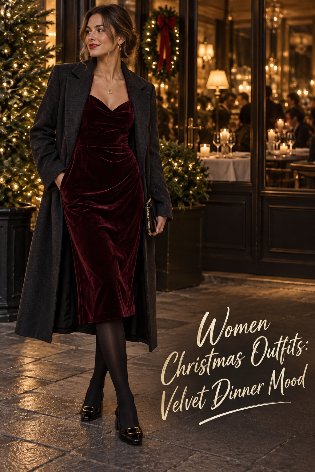 women christmas outfits with wine velvet midi dress and coat for a winter dinner