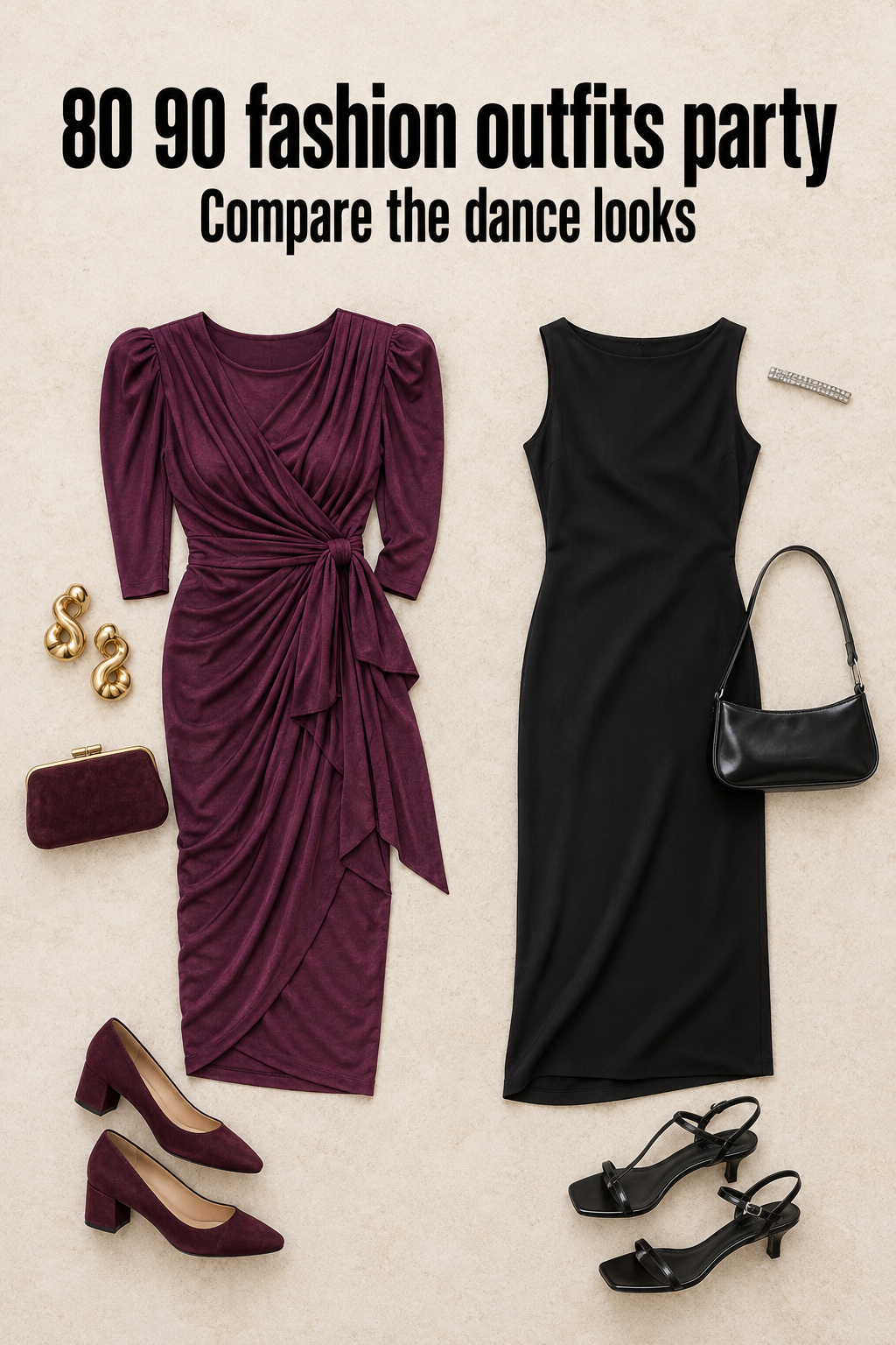 80 90 fashion outfits party flat lay of plum draped dress and black column dress with dance shoes