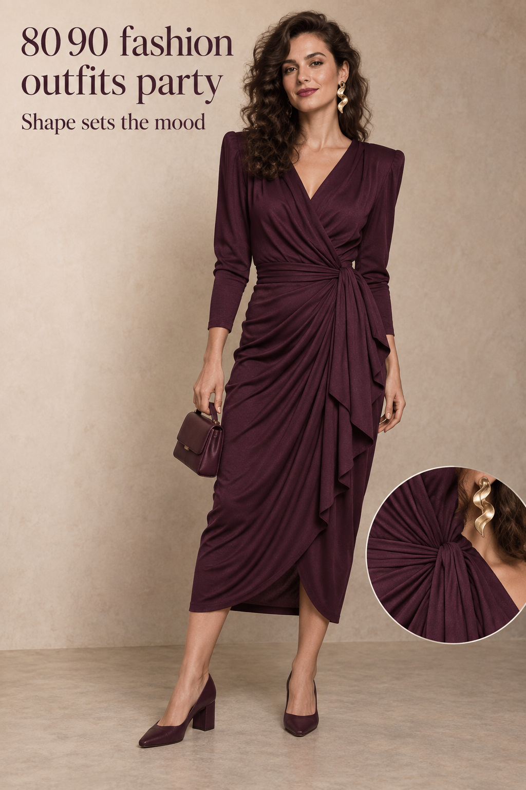 80 90 fashion outfits party draped plum dress with close-up sash and earring detail