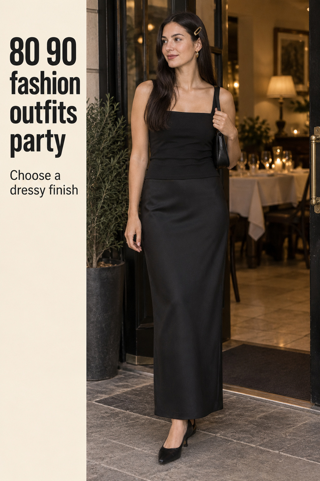 80 90 fashion outfits party dressy 90s look with black straight skirt, square-neck top and low heels