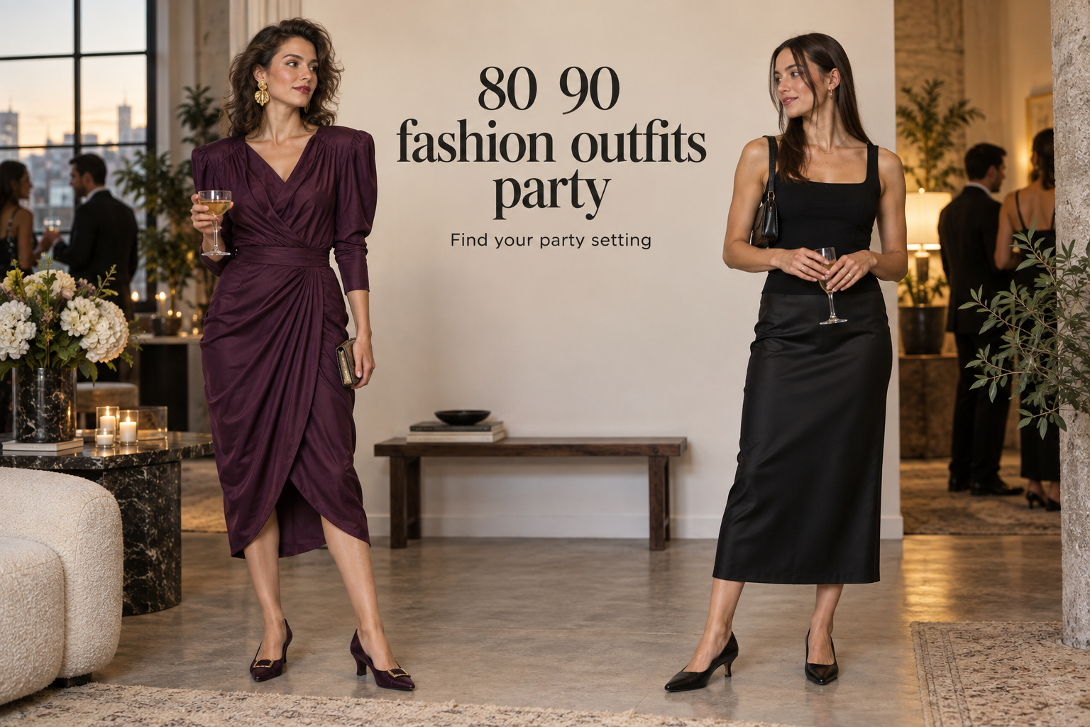 80 90 fashion outfits party featured comparison of plum draped dress and black square-neck skirt outfit