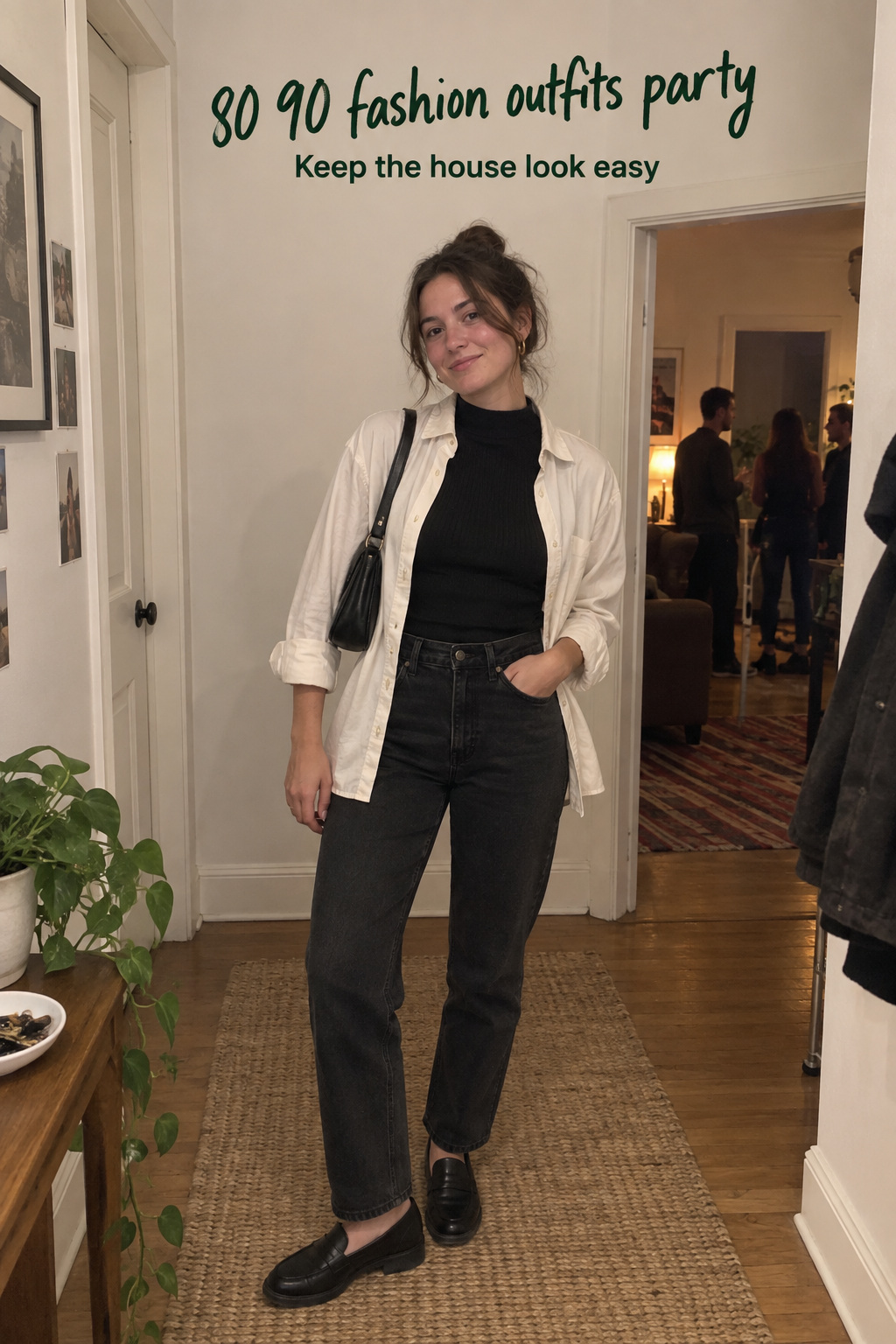 80 90 fashion outfits party candid house look with ribbed top, open shirt, straight jeans and loafers