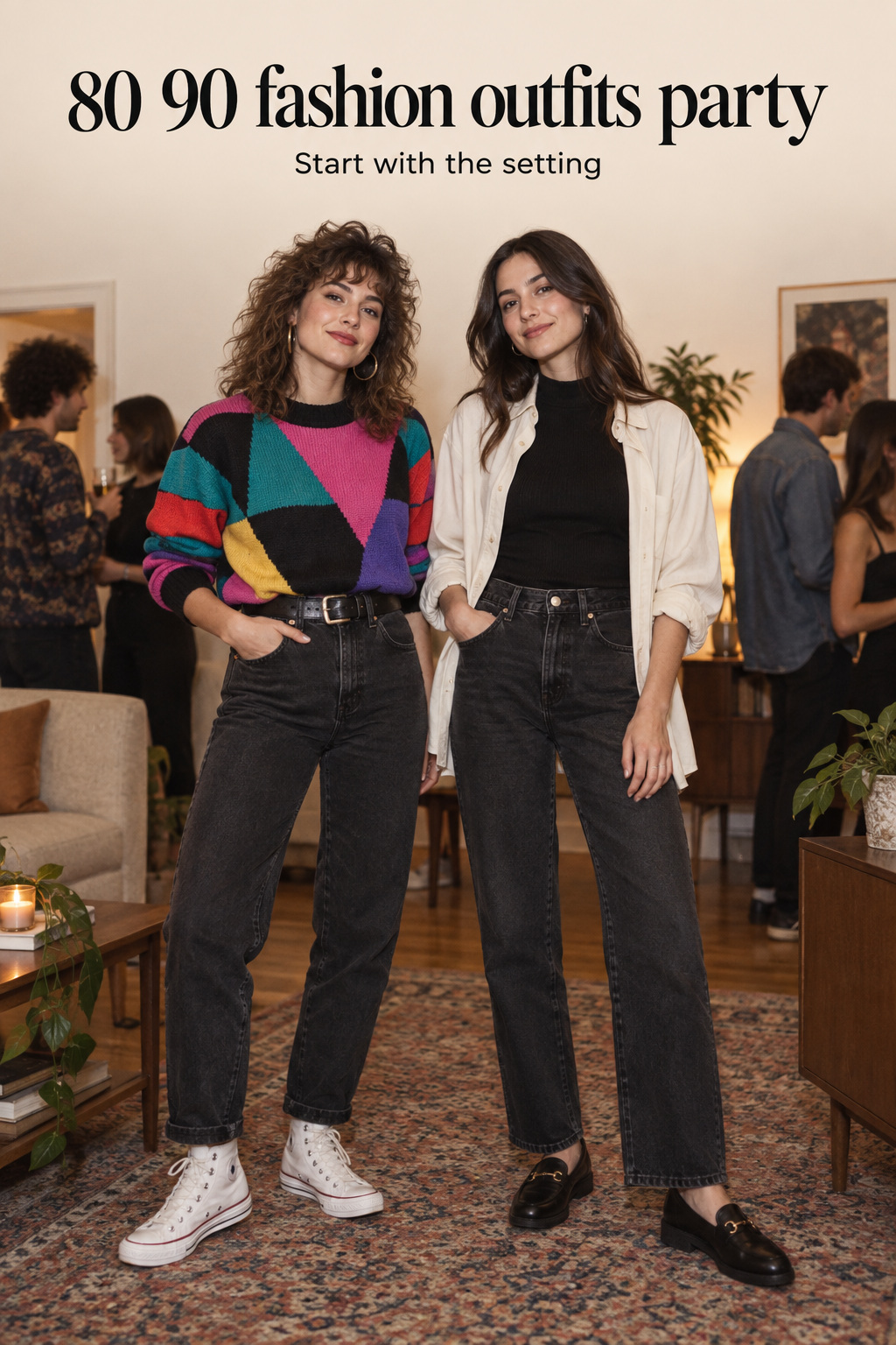 80 90 fashion outfits party comparison with graphic knit and tapered jeans beside layered shirt and straight jeans