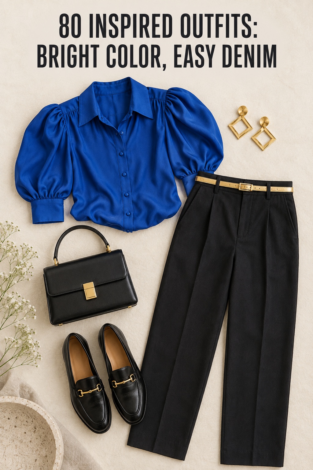 80 inspired outfits flat lay with a bright blue blouse, dark denim, and gold accessories