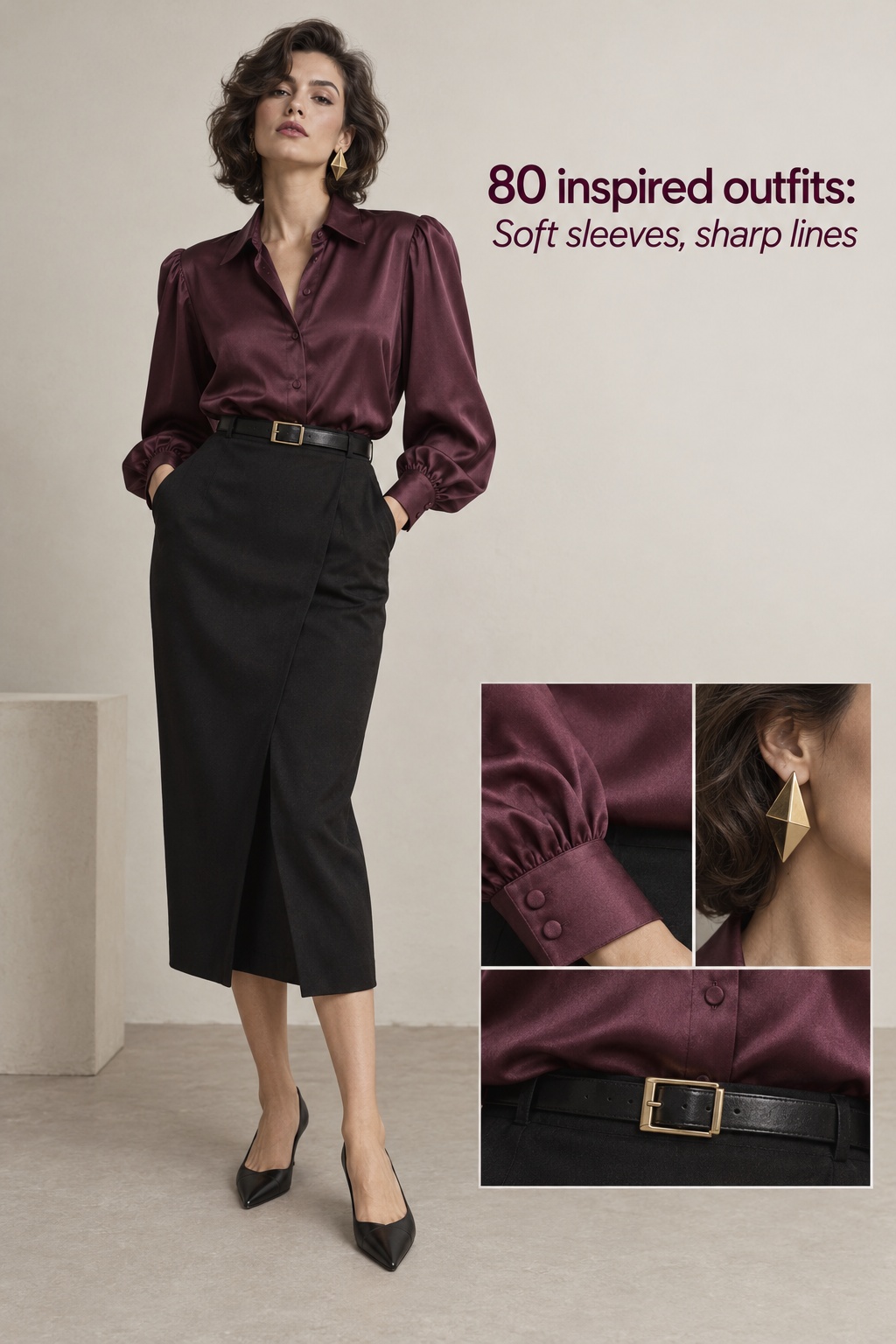 80 inspired outfits with a plum puff-sleeve blouse, black midi skirt, and styling details