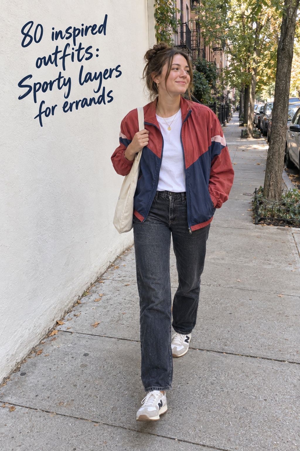 80 inspired outfits in a candid color-block windbreaker and jeans for errands