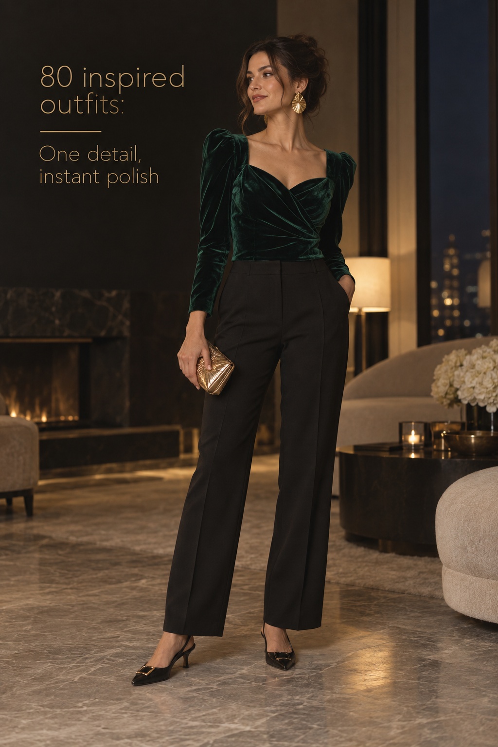 80 inspired outfits with an emerald velvet top, black trousers, and gold accessories