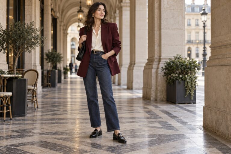 80 inspired outfits with a burgundy blazer, cream blouse, and straight dark jeans