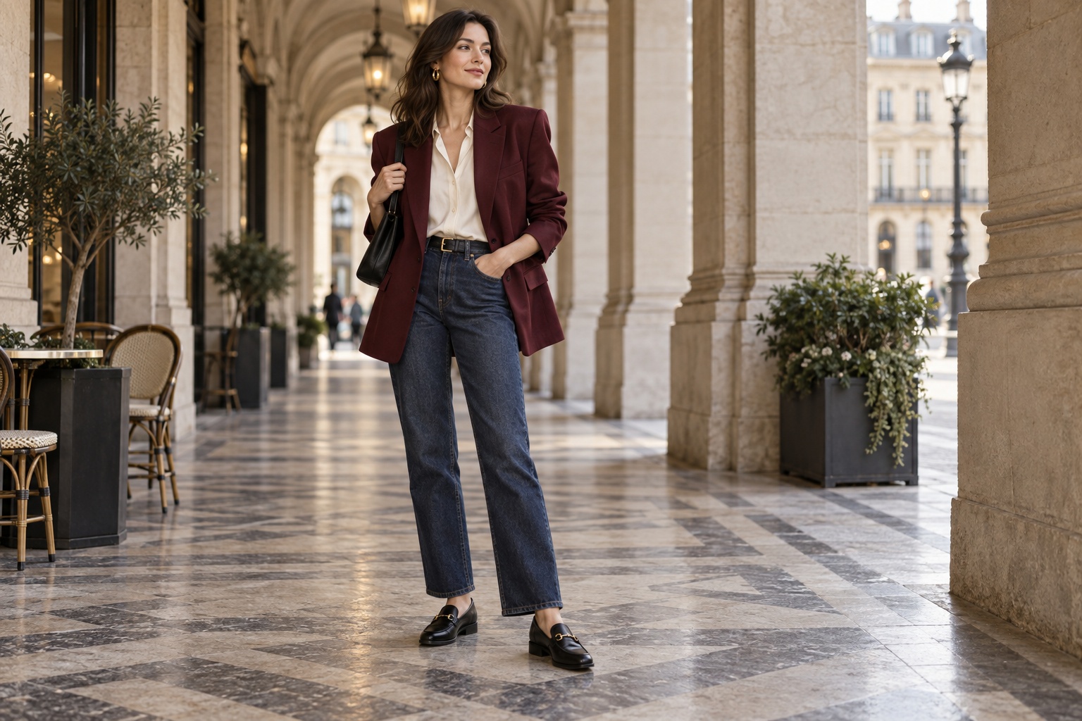 80 inspired outfits with a burgundy blazer, cream blouse, and straight dark jeans