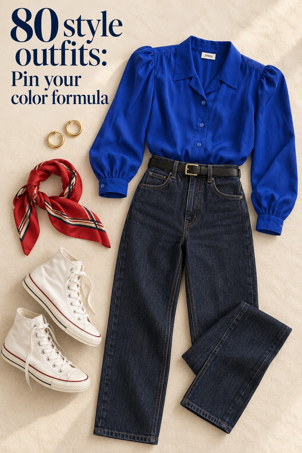 80 style outfits flat lay with cobalt blouse, dark jeans, red scarf, and white high-tops