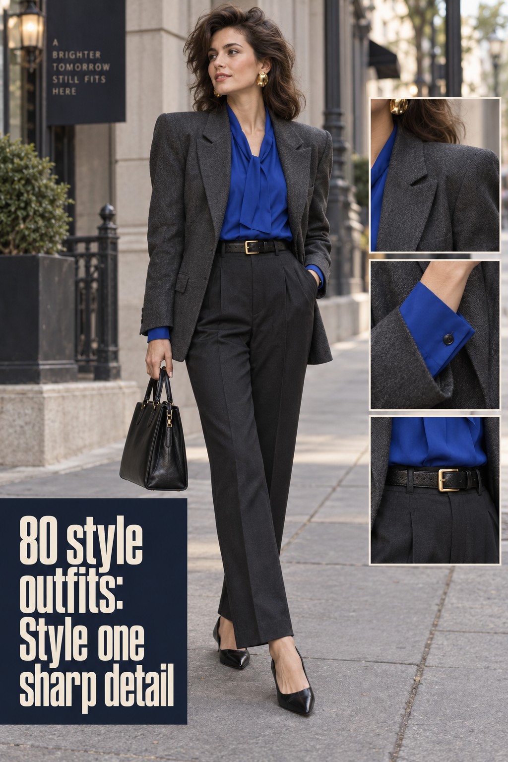 80 style outfits complete charcoal blazer look with cobalt blouse and close-up styling details