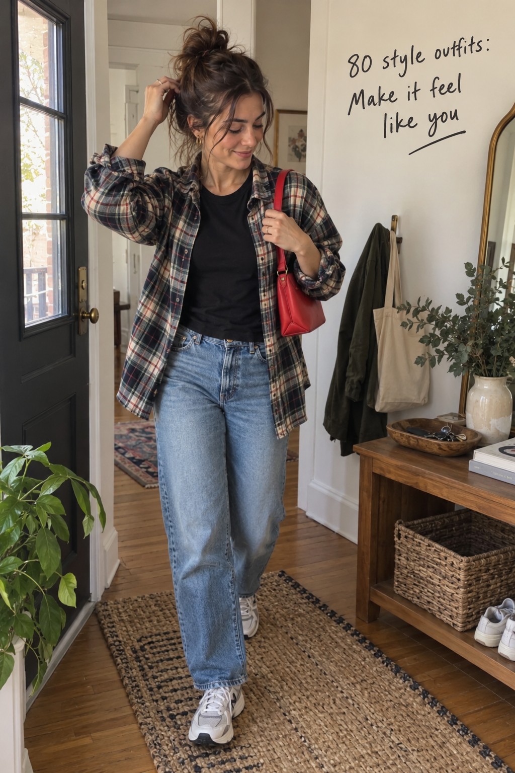 80 style outfits candid everyday look with plaid overshirt, black tee, straight jeans, and red bag