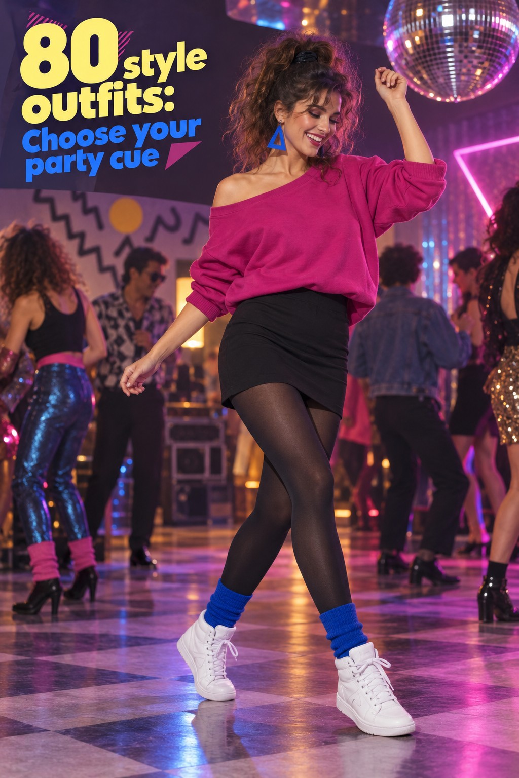 80 style outfits party look with magenta sweatshirt, black skirt, cobalt socks, and high-tops