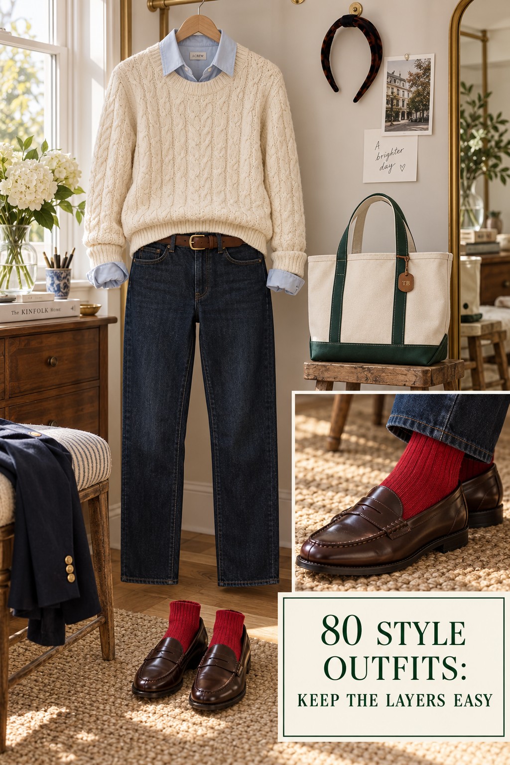 80 style outfits preppy flat lay with cream knit, pale blue shirt, jeans, loafers, and red socks