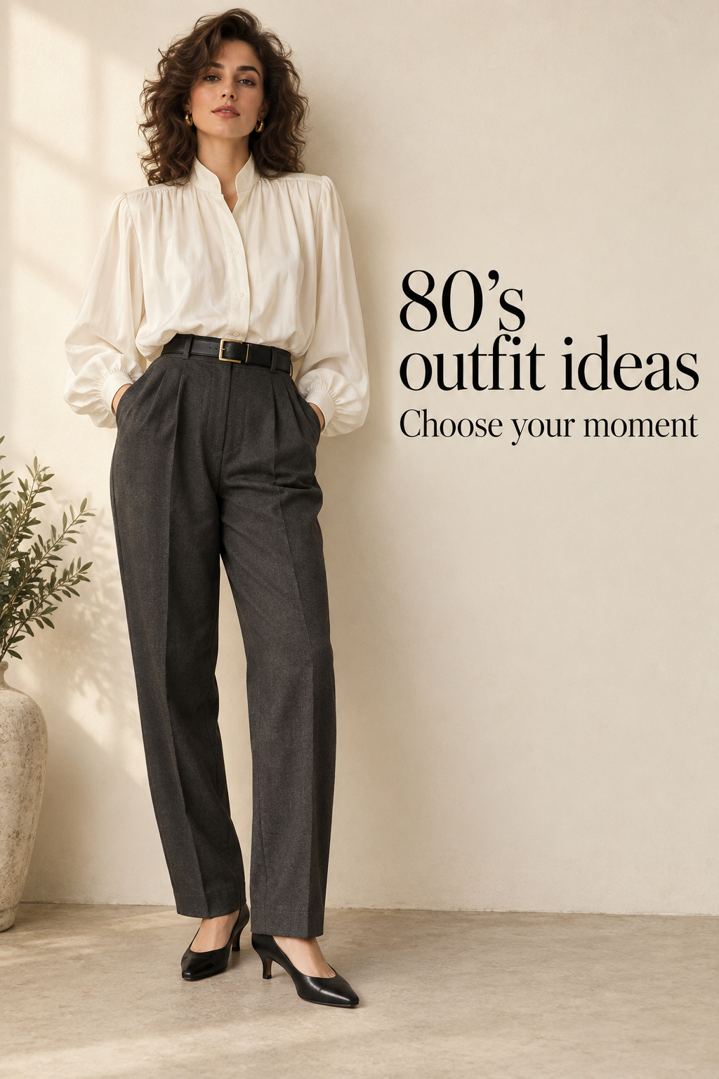 80’s outfit ideas with ivory blouse, charcoal high-waisted trousers, black belt and low heels