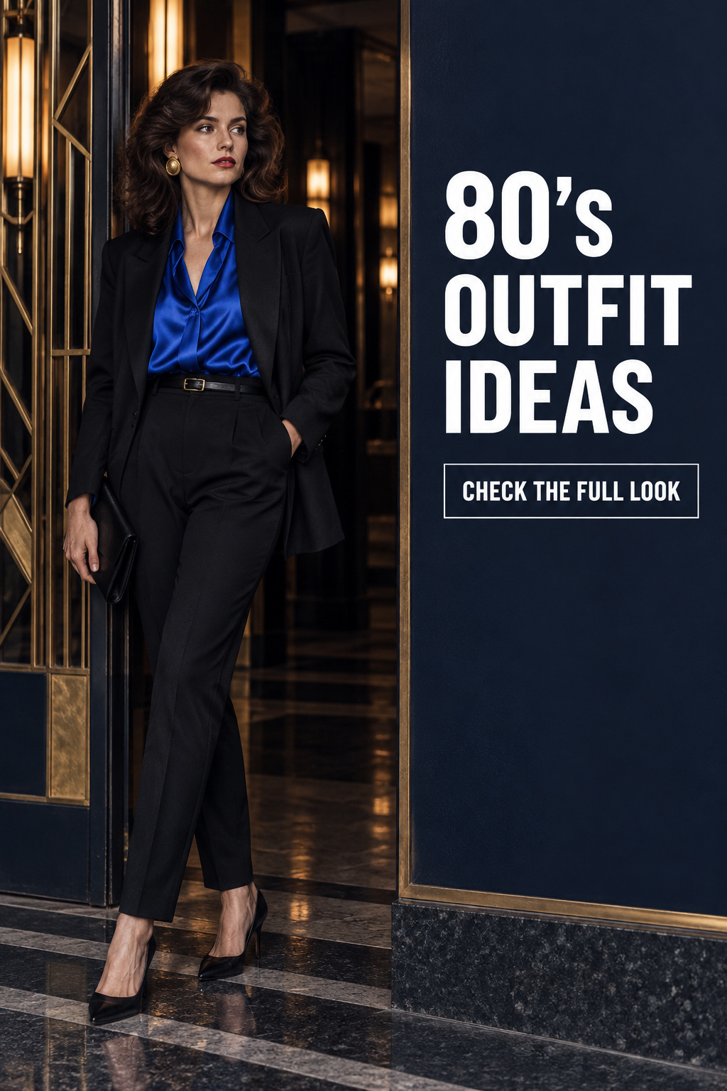 80’s outfit ideas with black blazer, cobalt blouse, tailored trousers and heels